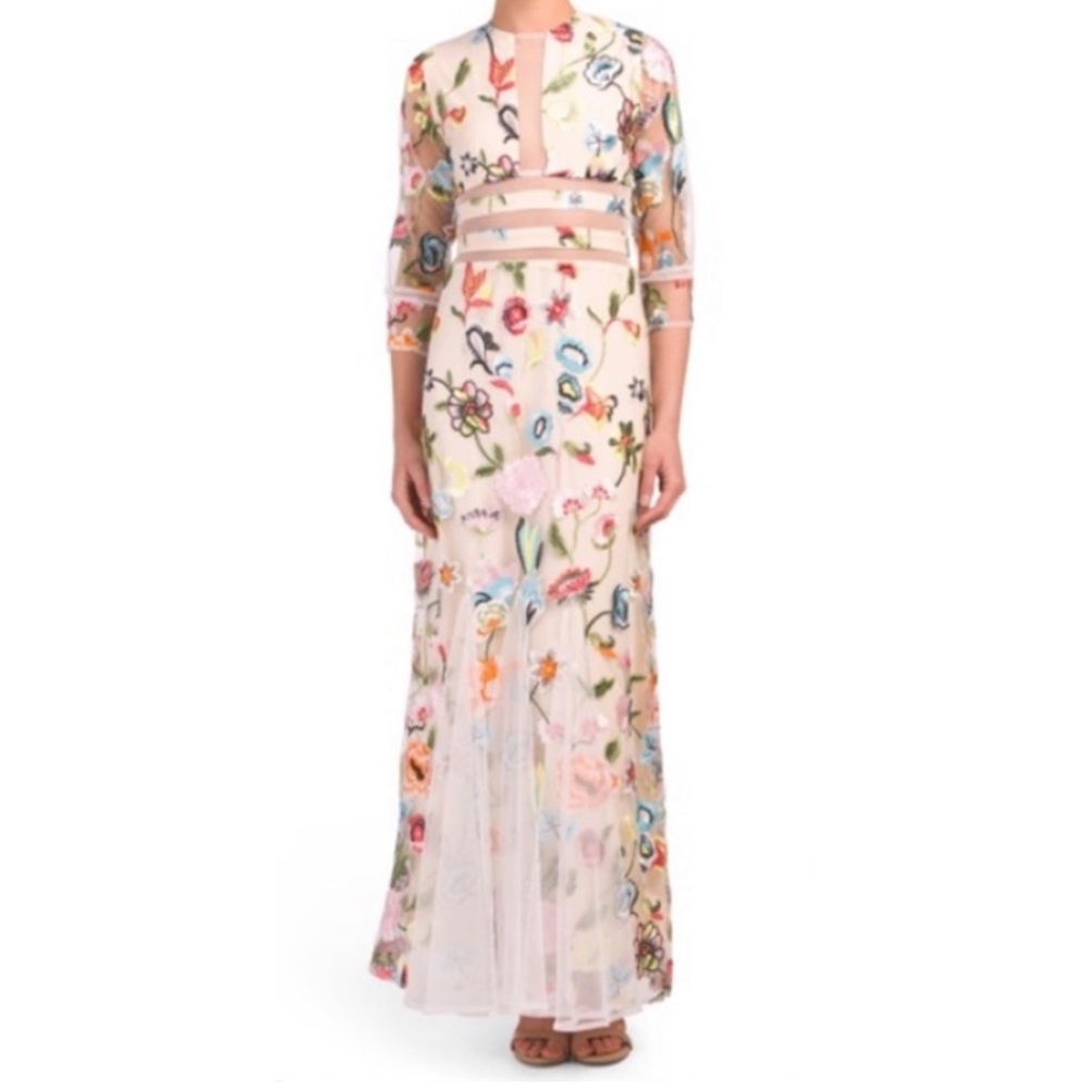 Anthropologie VONE Spring Garden Party Peekaboo Embroidered Floral Tulle Gown